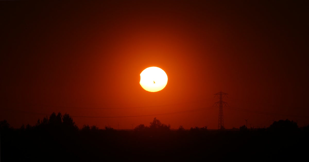 Zaćmione Słońce w pomarańczowej poświacie, przed tarczą sylwetka lecącego ptaka, w dole słupy wysokiego napięcia