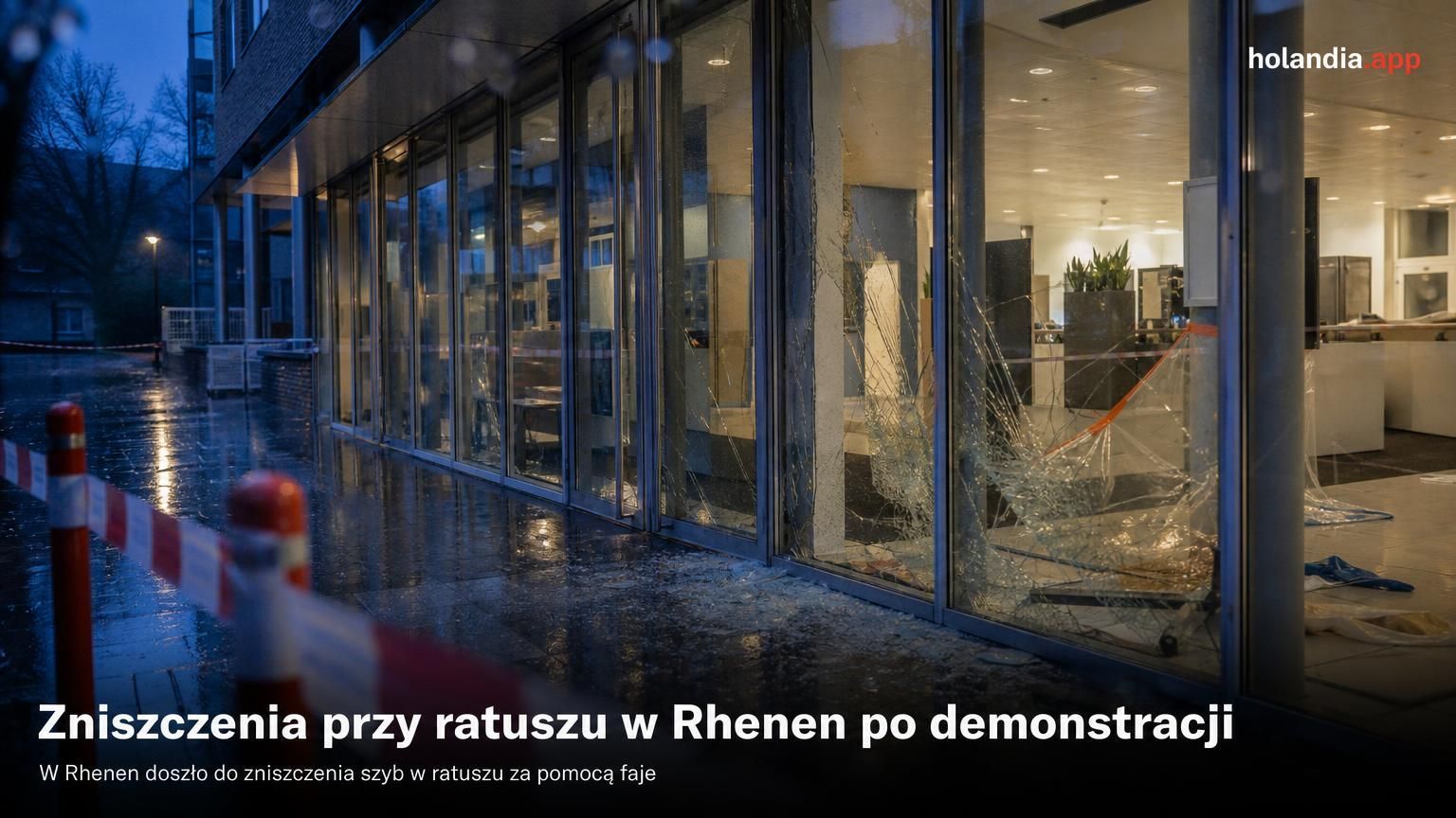 Zniszczenia przy ratuszu w Rhenen po demonstracji